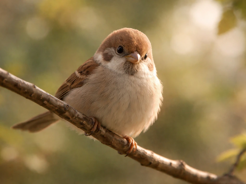 Ukogi-like small bird perched in soft light, showing a sparrow-like silhouette with short conical bill