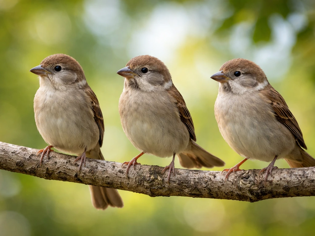 Close-up of three small birds perched side by side on a branch, showing different bills and tails.