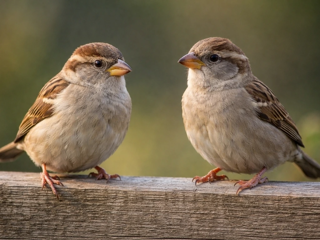 Two sparrows perched on a fence rail with focus on bill and tail shape differences.
