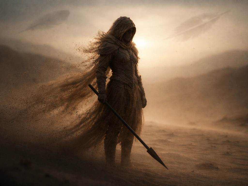 Human-like sand warrior in a desert with faint feather-shaped silhouette cues in the air.