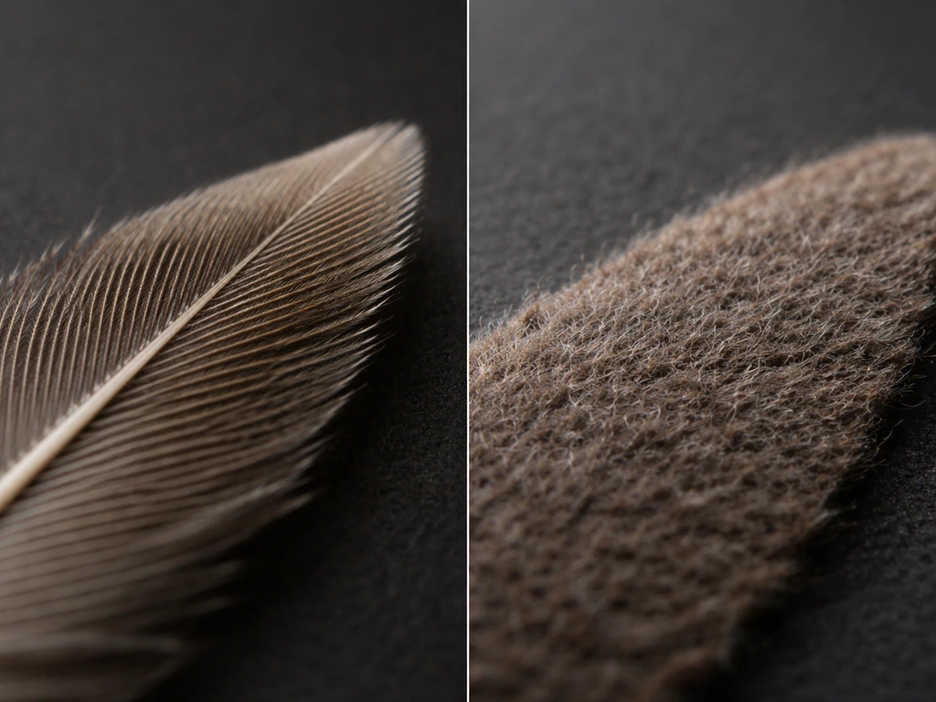 Macro close-up comparison of a real bird feather’s barbs vs a non-feather texture on a dark background