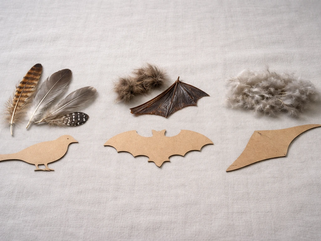 Feathers, bat fur, and wing-like membrane laid on cloth with blank silhouettes showing differences between bird-like ani