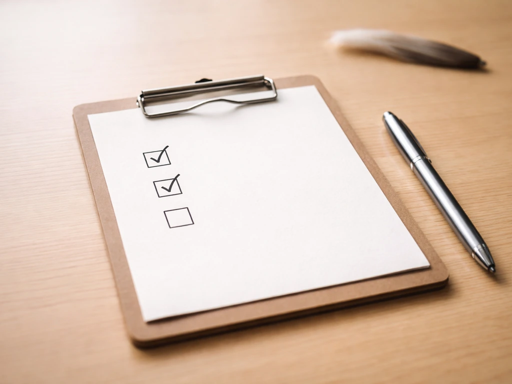 Minimal checklist clipboard with pen on a wooden desk and a single feather nearby, with blank yes/no boxes.