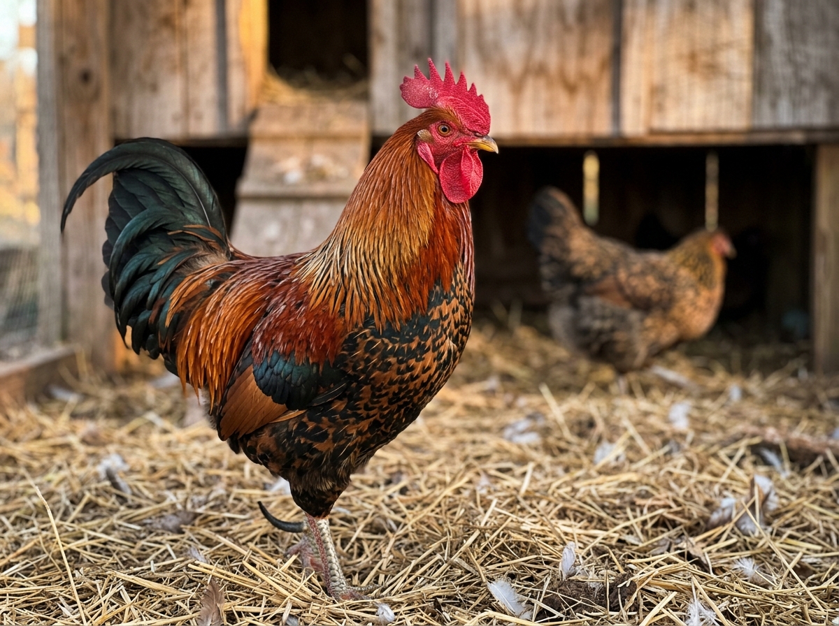 Adult rooster standing on straw in a backyard chicken coop.