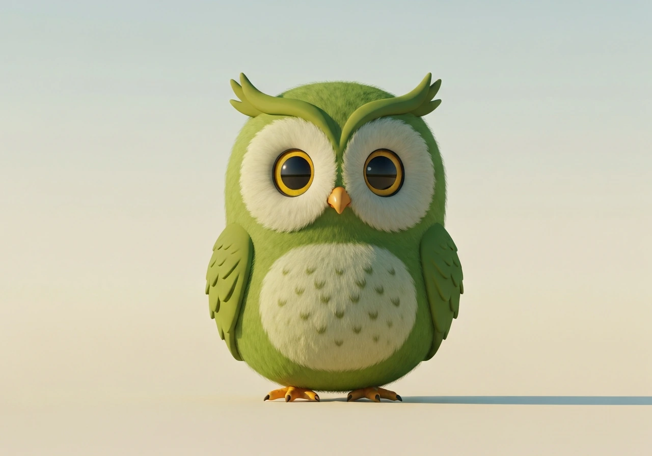 Whimsical green owl-like mascot figure representing the debate: bird vs owl