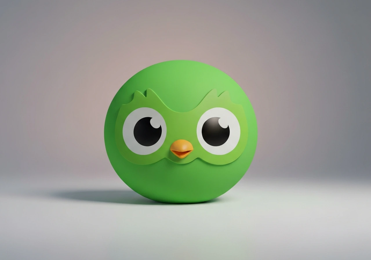 Close-up of a round bright-green Duo mascot with big eyes and beak-like face shape on a plain background.