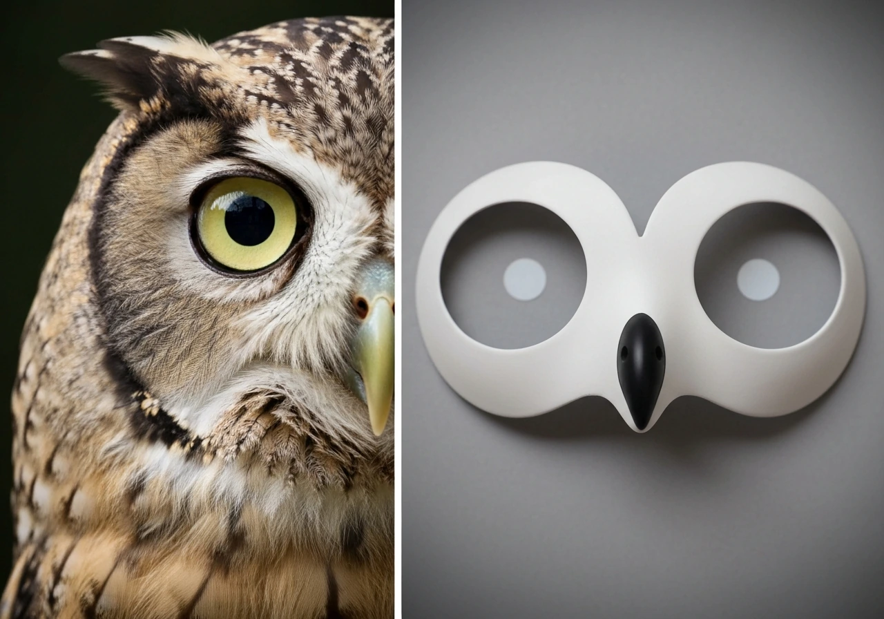 Split close-up showing a real owl head beside a fictional owl design with eyes, face disk, and hooked beak.
