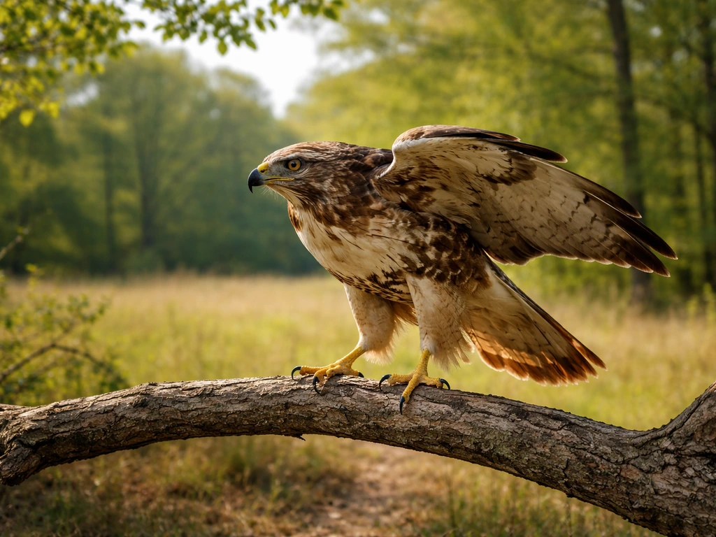 An eagle or hawk perched on a branch with wings half-spread, alert in a sunlit woodland.