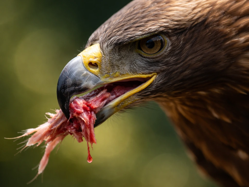 Close-up of a raptor’s hooked beak tearing meat against a natural, blurred background.