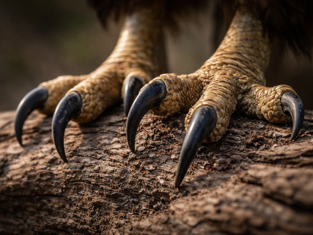 Close-up of a raptor’s talons gripping and puncturing rough wood, curved claws in sharp detail.