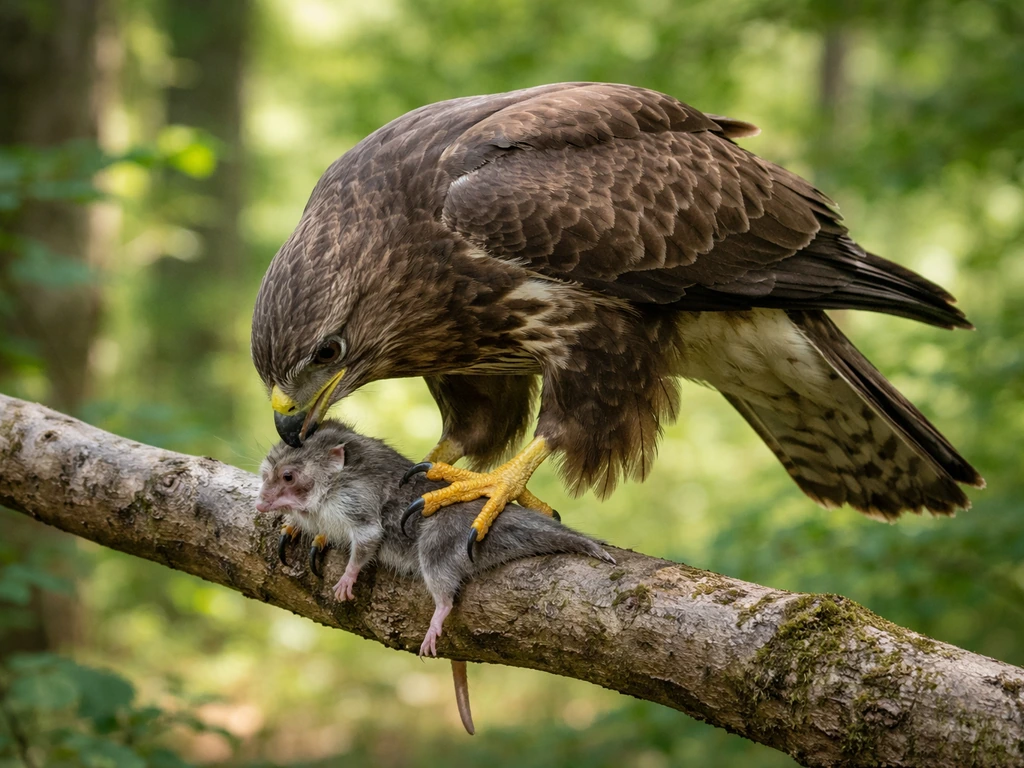 A close-up bird of prey perched while handling a freshly caught small mammal.