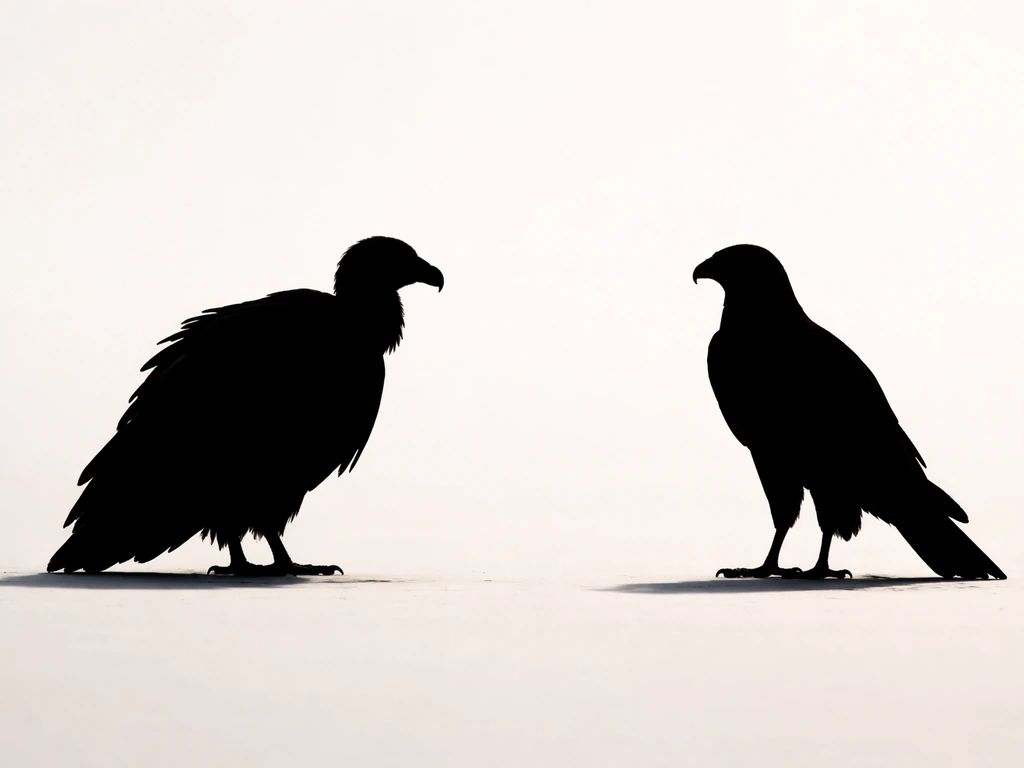 Side-by-side silhouettes of a vulture and a hawk/eagle showing scavenger vs hunting raptor shapes.