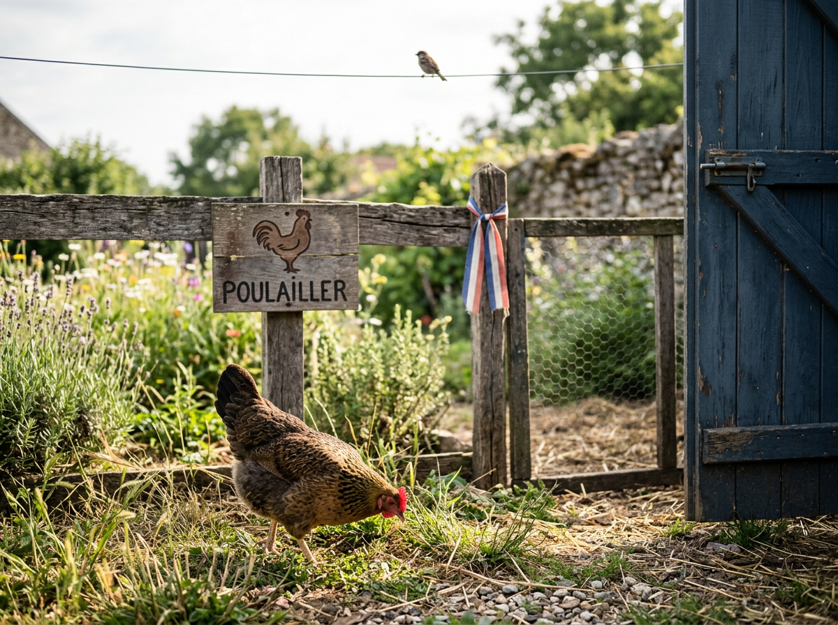 A domestic hen in a French-themed backyard beside a small wild bird, highlighting bird vs chicken confusion.