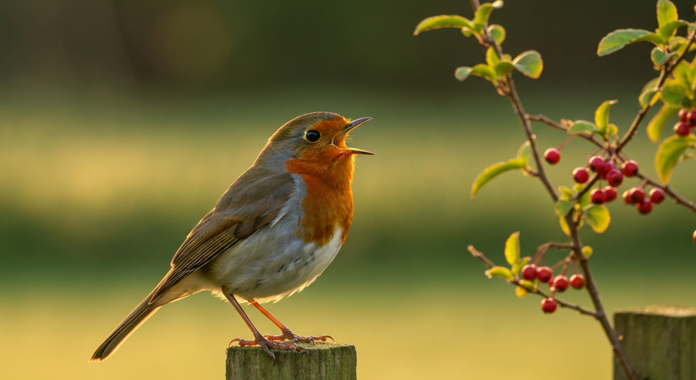Robin perched on a fencepost at dawn, singing; orange chest and detailed feathers visible.