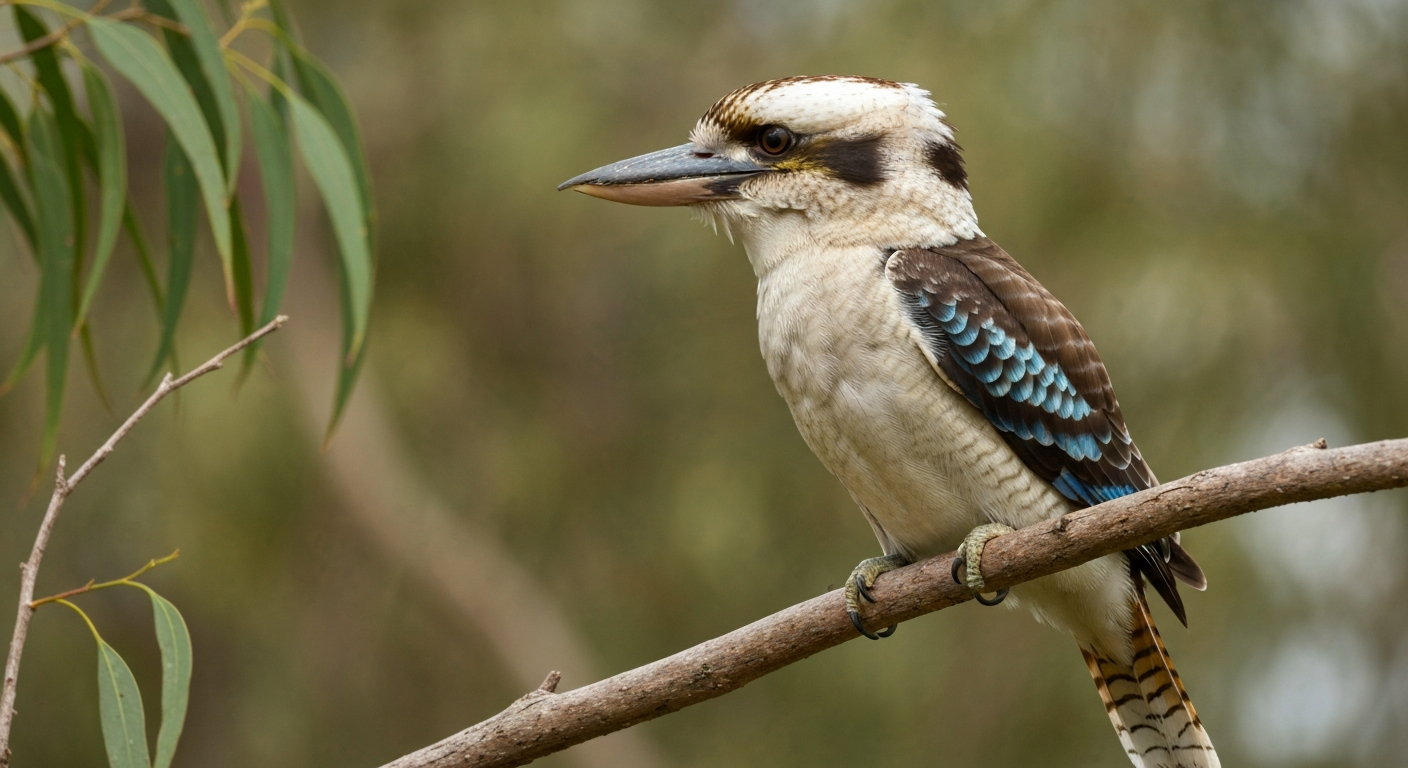 Laughing Kookaburra perched, clear view of head and bill profile.