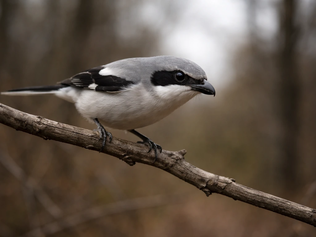 A shrike perched on a branch in natural light, poised and alert, with a blurred woodland background.
