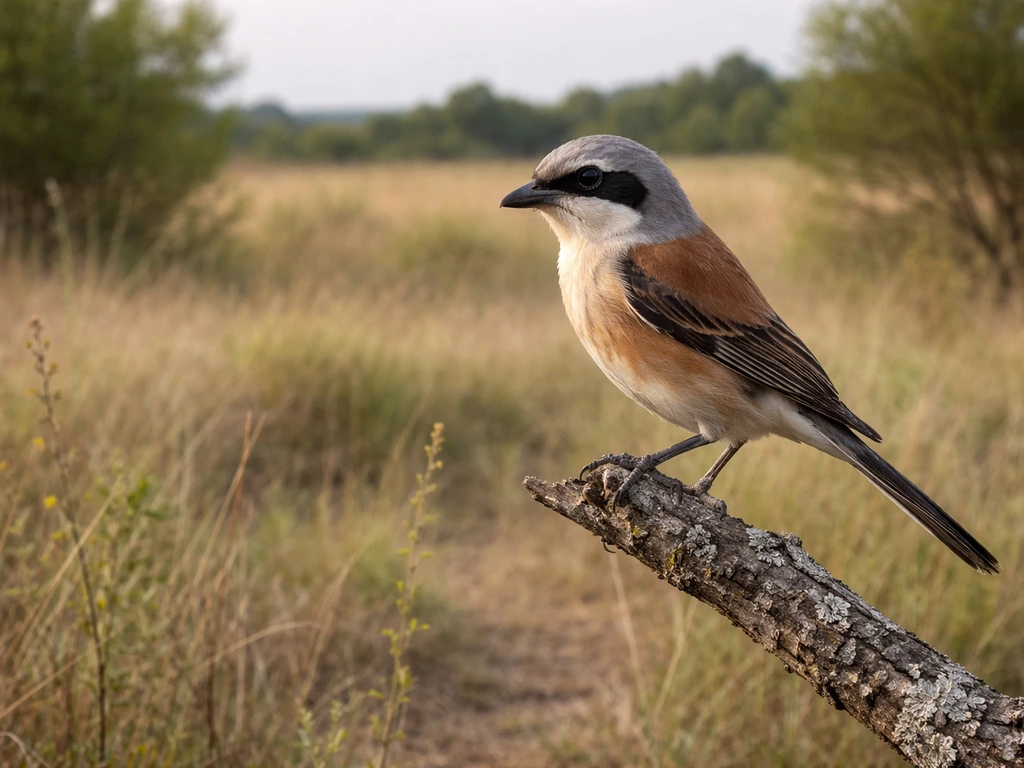 A shrike perched on a branch in open habitat, poised as if scanning for prey.