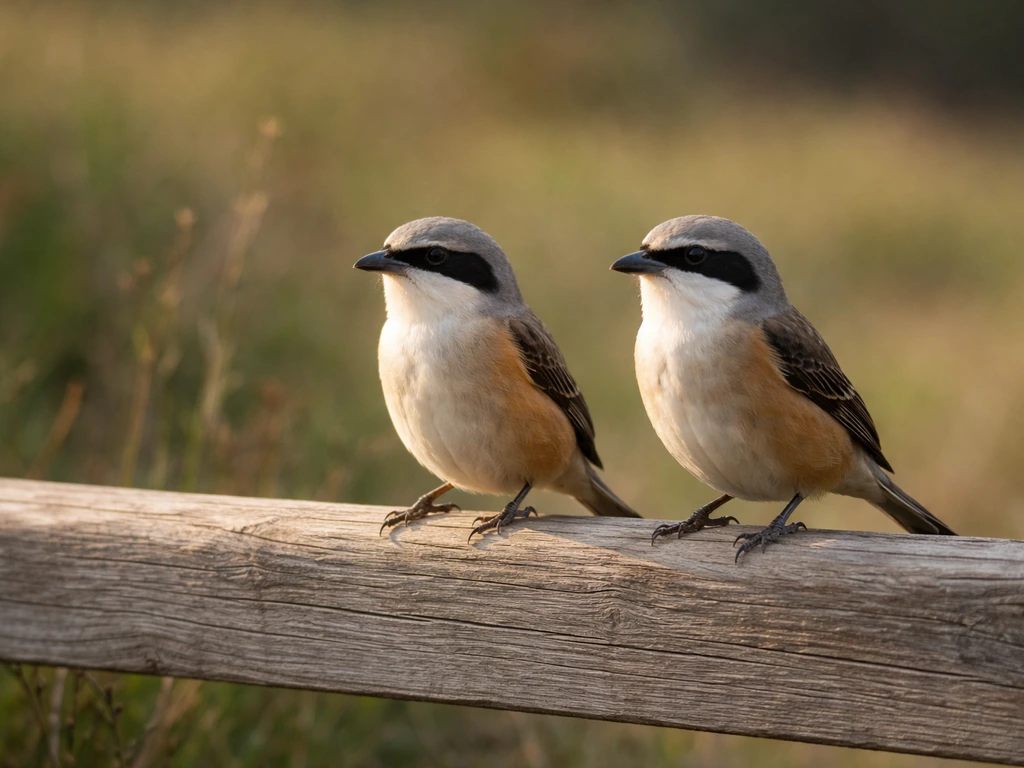 Two shrike birds perched side-by-side on a weathered fence rail in a quiet meadow.