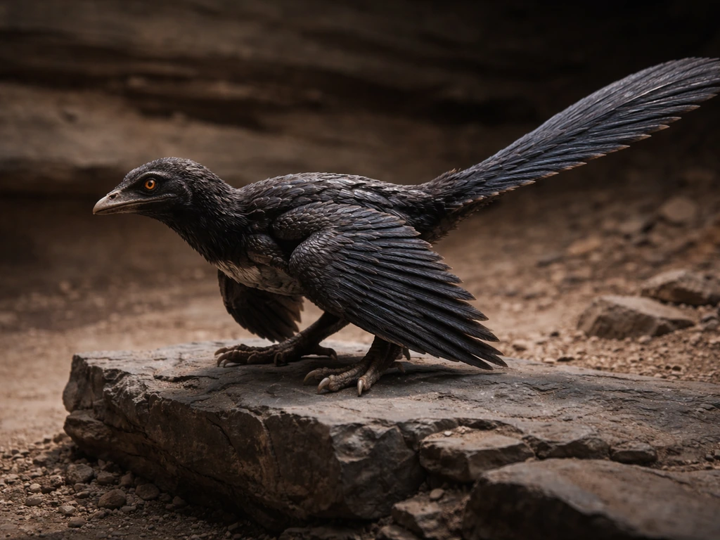 Crow-sized feathered Microraptor perched on dark Liaoning shale in a fossil-bed setting.