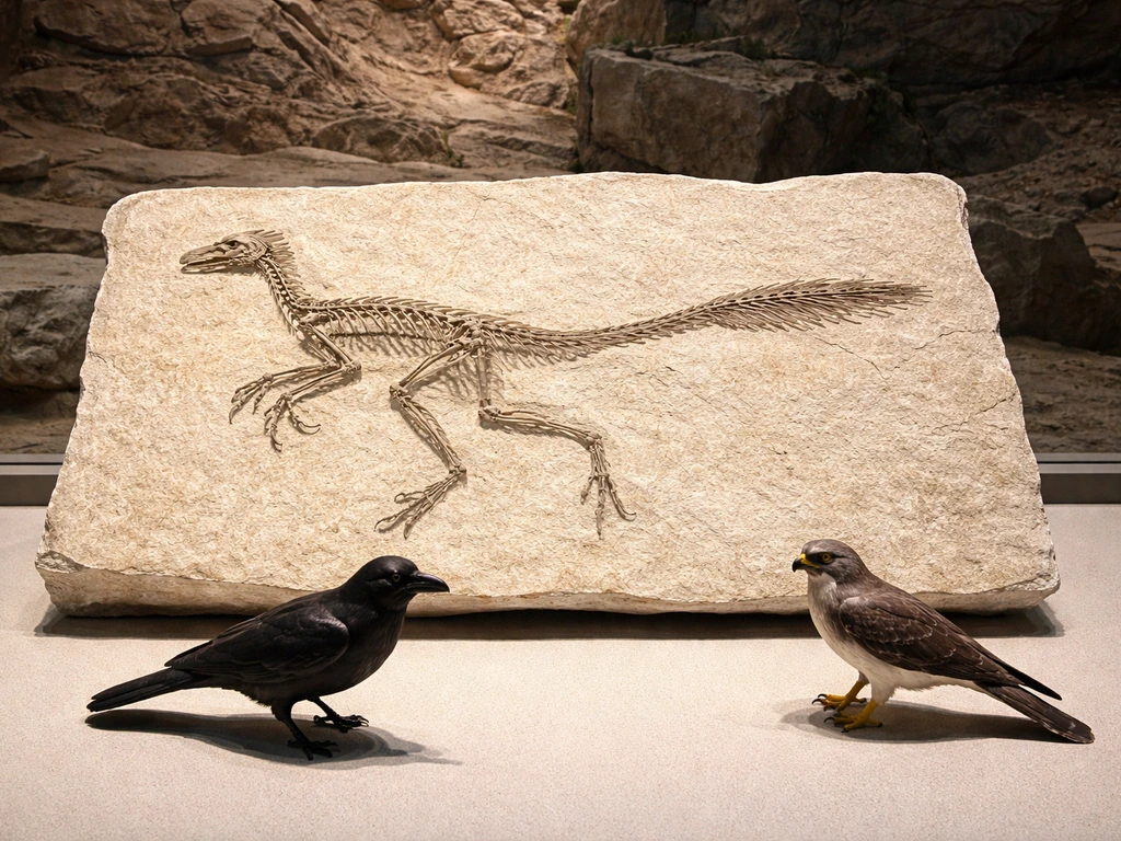 Small dromaeosaurid fossil on a slab shown next to crow and small hawk for scale in a museum.
