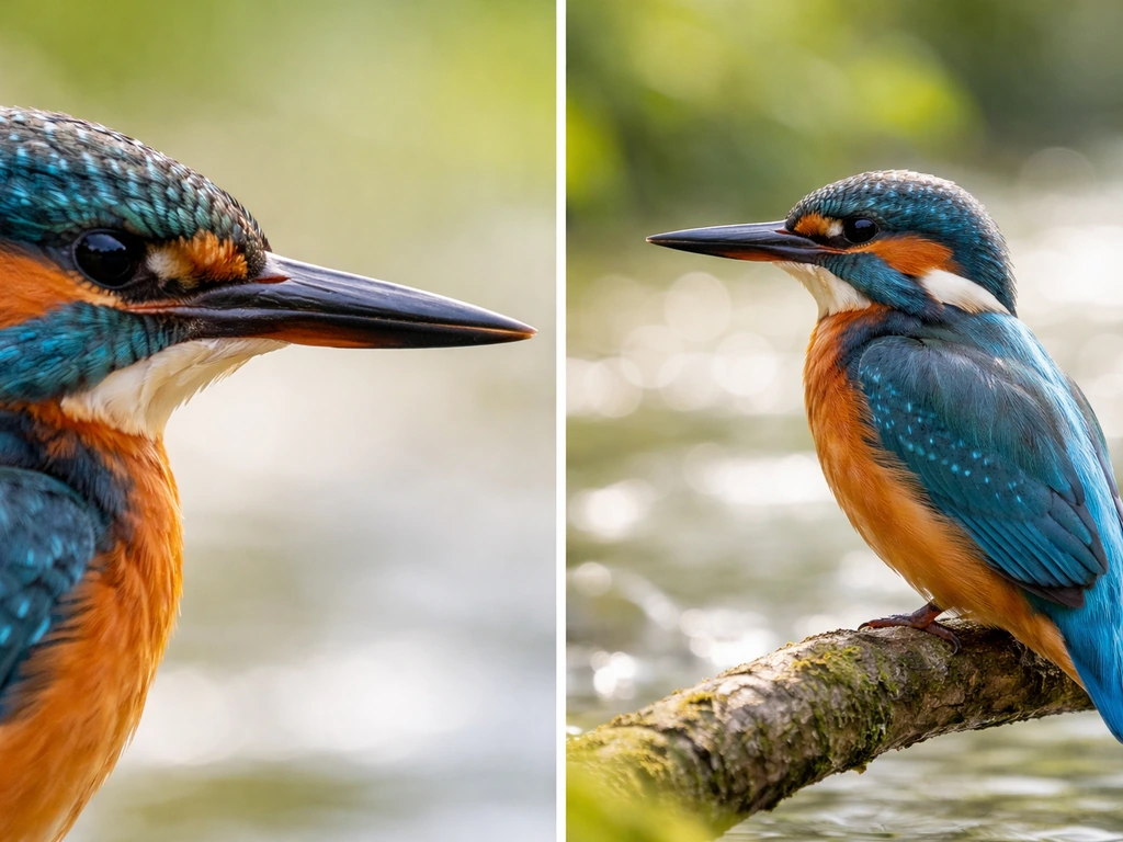Kingfisher perched by a river, with focus on its hooked-looking bill and compact body shape.