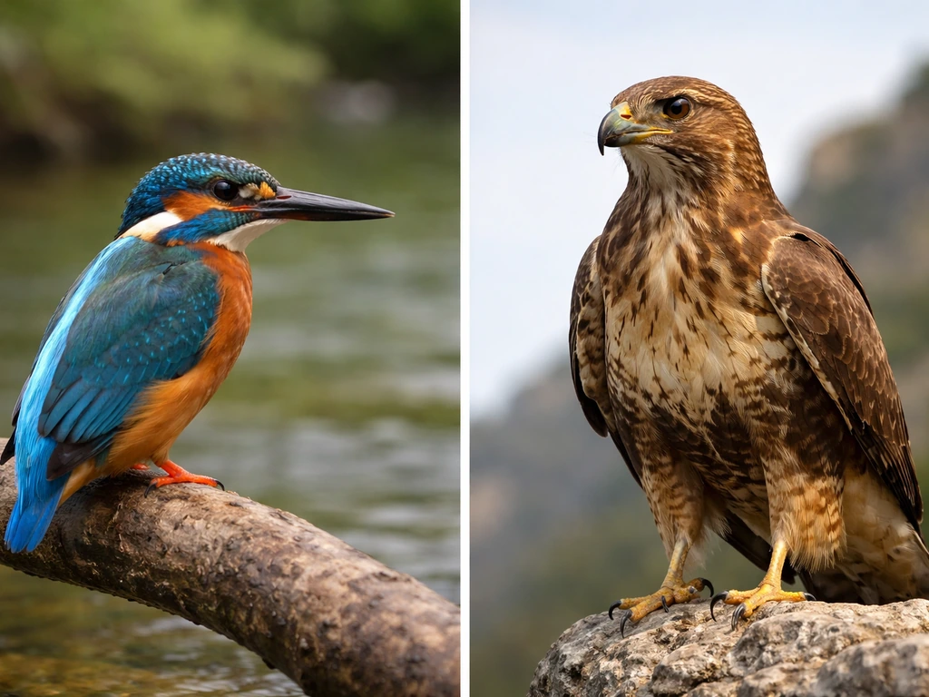 Kingfisher perched beside a raptor, showing contrasting silhouettes and hunting postures.
