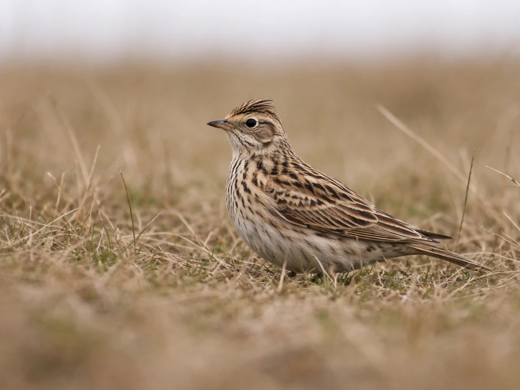 A skylark camouflaged in dry grassland, photographed from ground level with natural light.