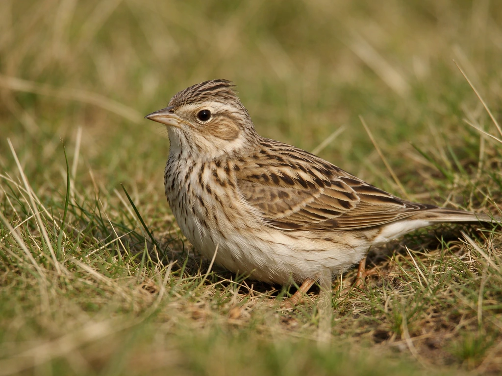 A small skylark perched in grass, showing streaky brown upperparts and pale underparts.