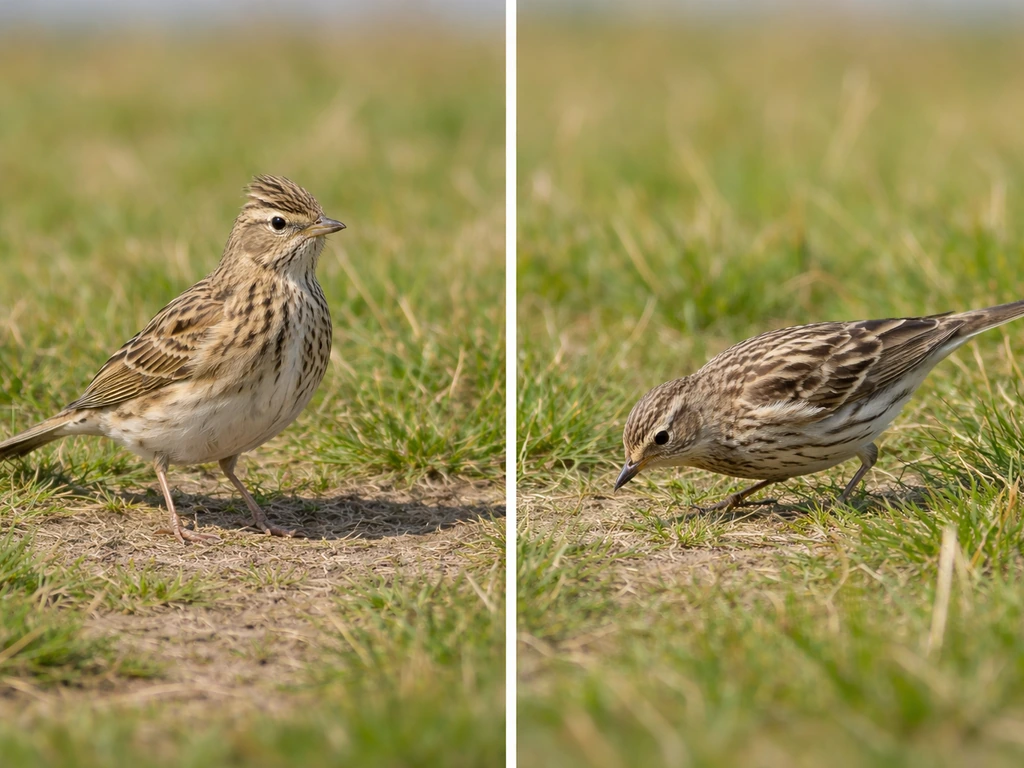 Two small streaky brown birds foraging on open grassland, showing skylark-like and meadow-pipit-like look.