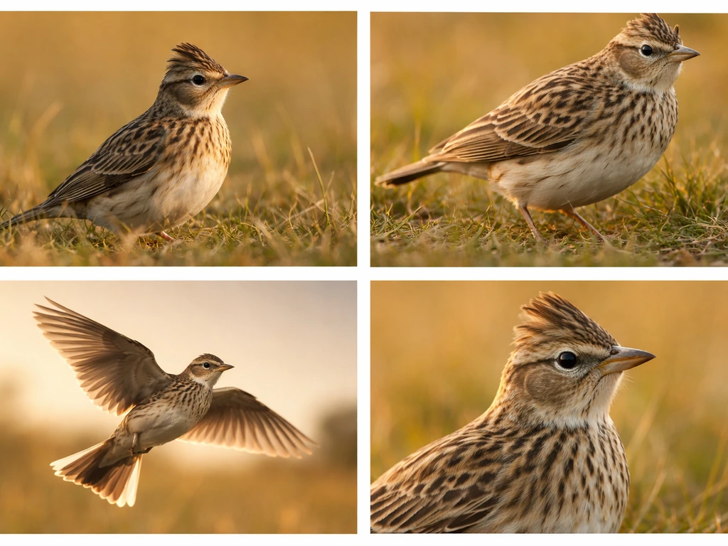 Three to four mini photo panels showing a skylark perched and in flight with visible crest and streaked plumage cues.