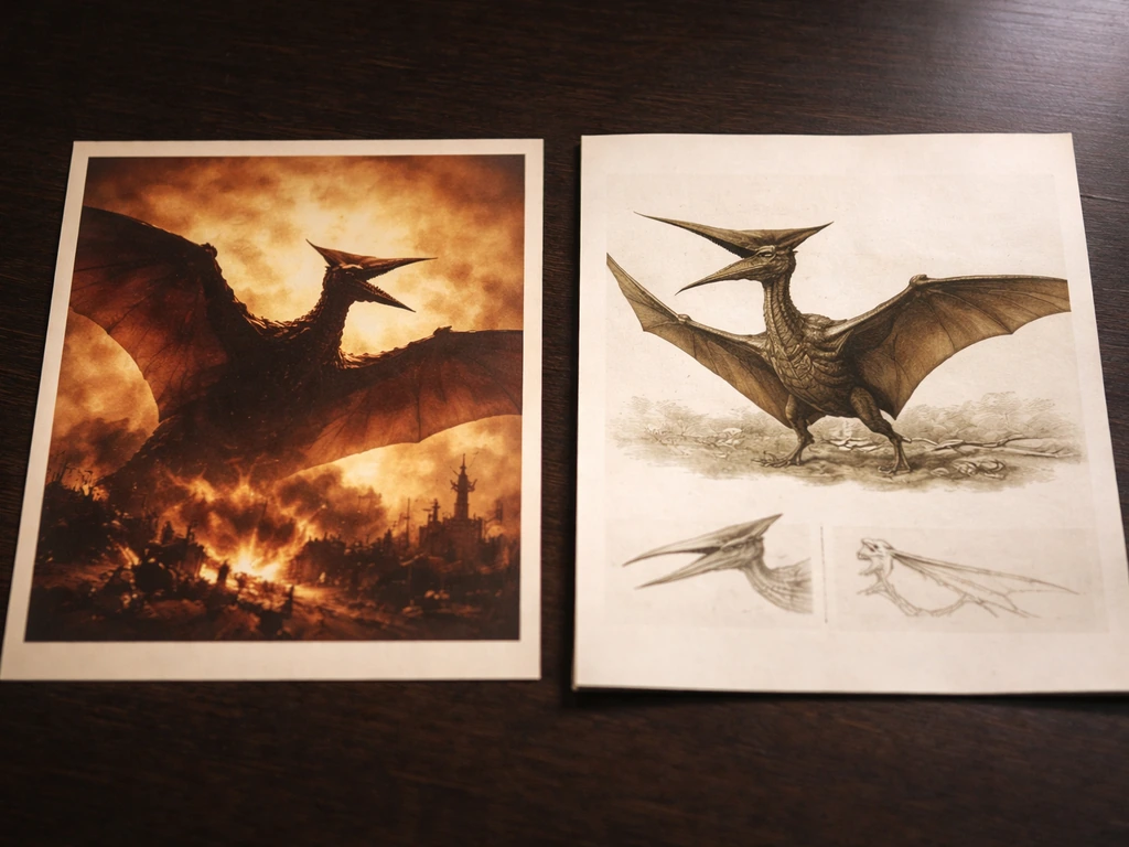 Two side-by-side vintage visual panels: a kaiju poster frame and a pterosaur field-guide page motif.