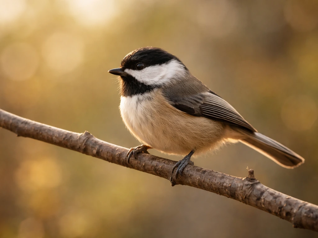 Close-up of a small songbird perched on a branch, showing beak, feathers, and bird body form in sunlight.