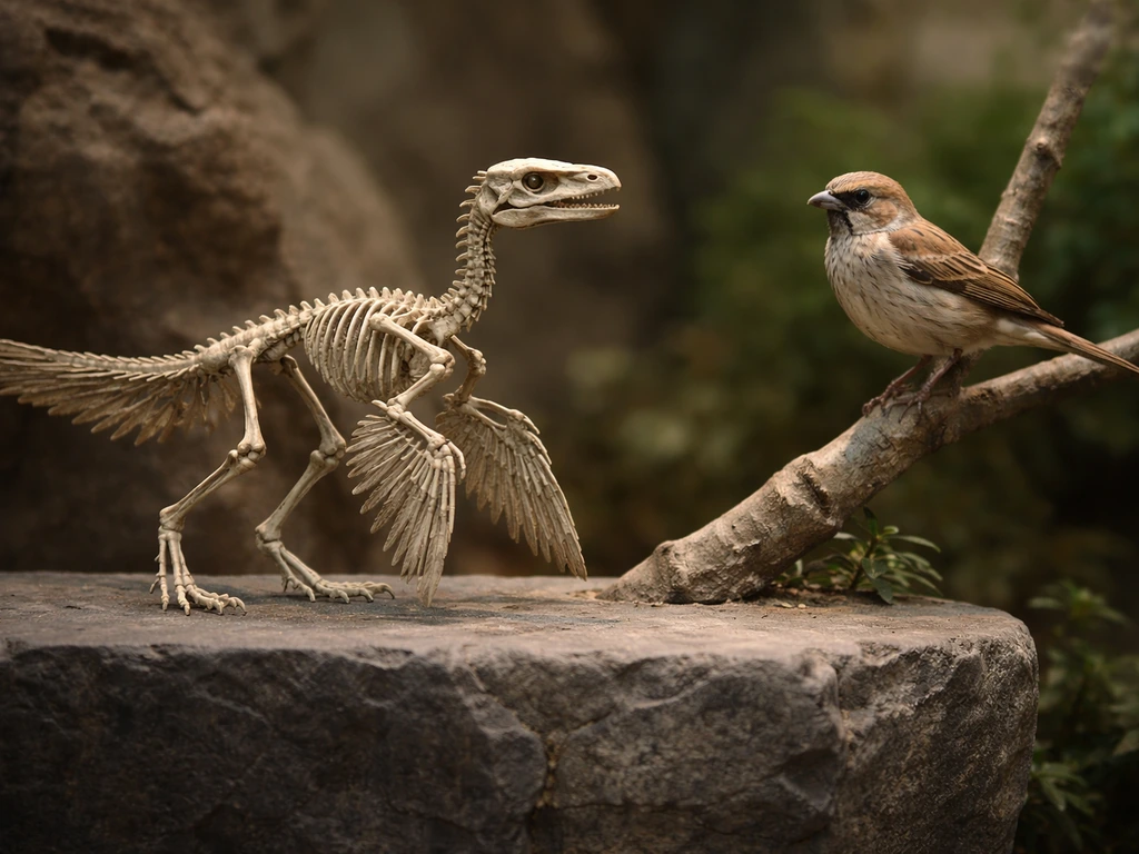 Archaeopteryx-like dinosaur beside a small modern bird, suggesting birds evolved from theropod dinosaurs.