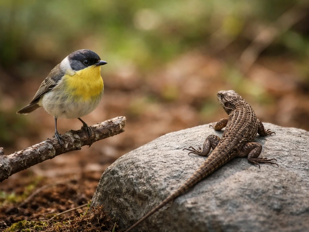 Small perched songbird next to a scaly lizard on a rock, natural outdoor contrast for quick ID.