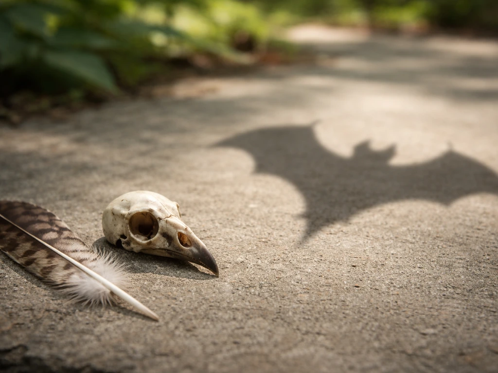 Minimal nature scene showing a feather and bird skull alongside a silhouetted wing-like non-bird form.