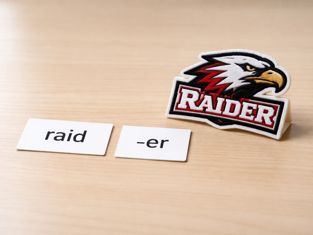 Close-up of dictionary-like word cards reading “raid” and “-er” beside a simple college mascot emblem.
