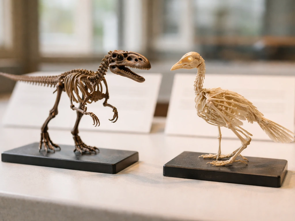 Close-up of a small museum-style model skeleton with bird lineage notes on paper background