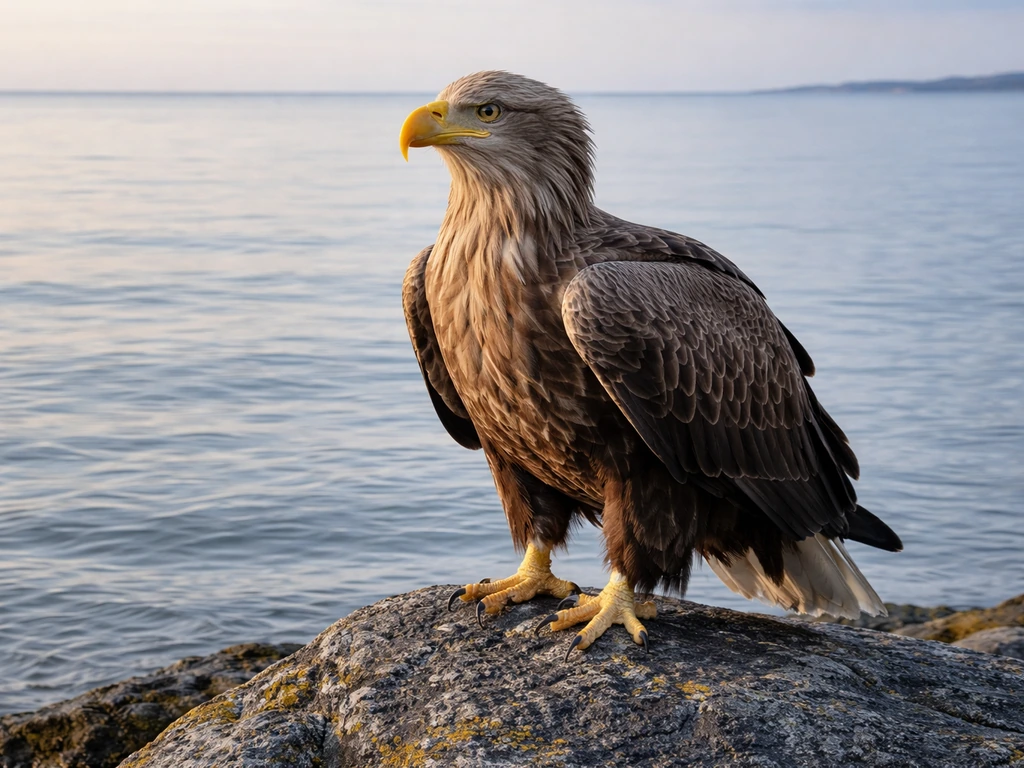 White-tailed eagle perched near calm water with sharp detail and open sky backdrop