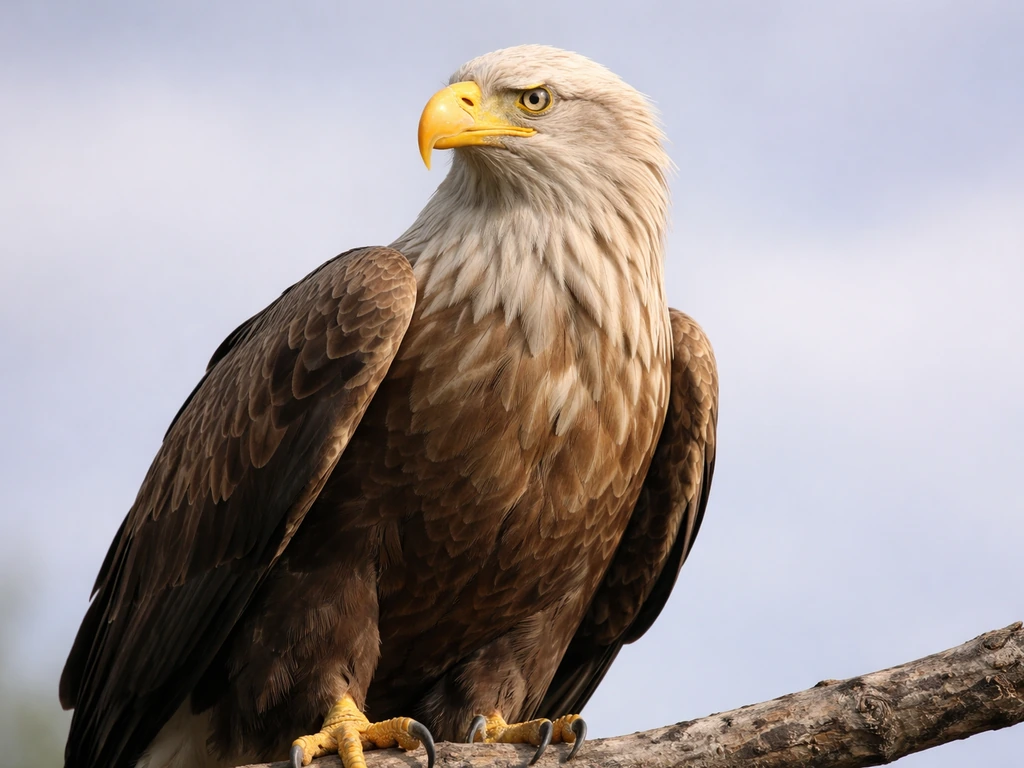 Close-up of a white-tailed eagle perched outdoors, showing key markings for species identification.