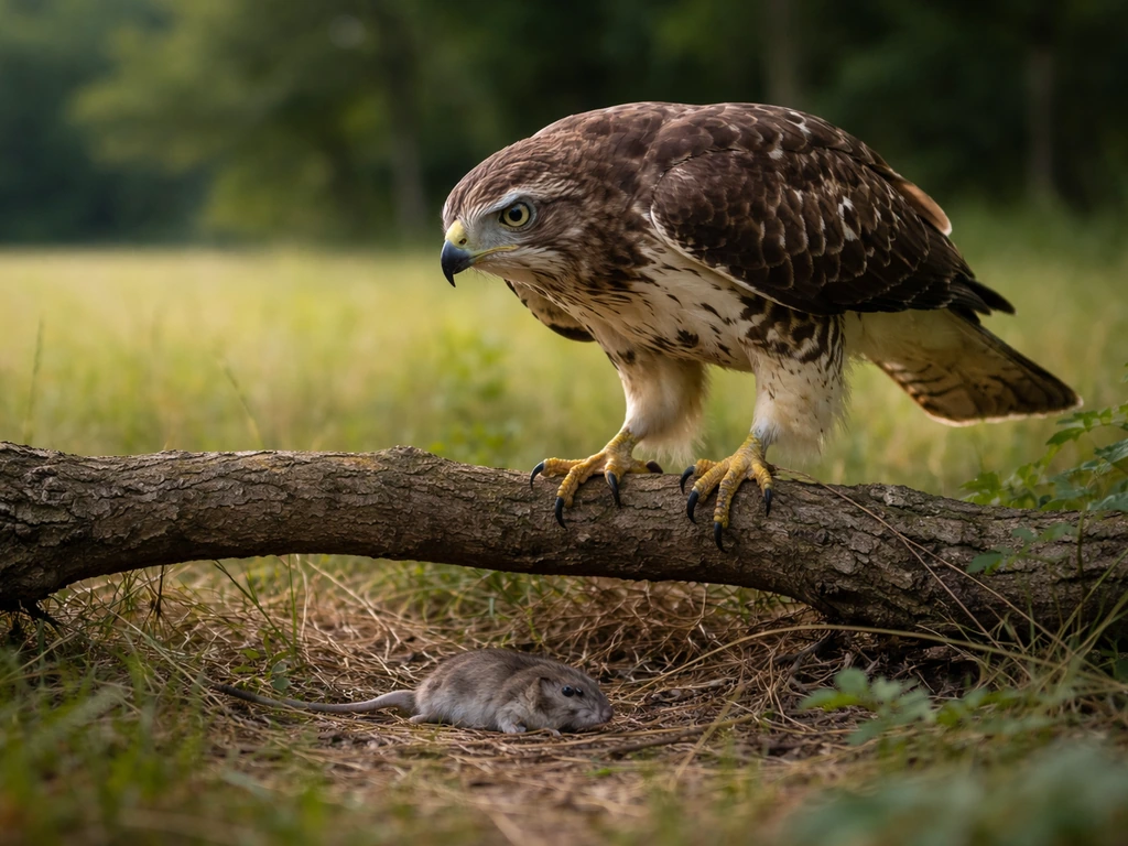 A hawk perched and alert over a small rodent on the ground, showing predator-vs-prey.