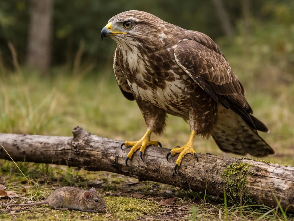 Close-up of a raptor’s talons and hooked beak with a small field mouse nearby, hunting adaptations visible