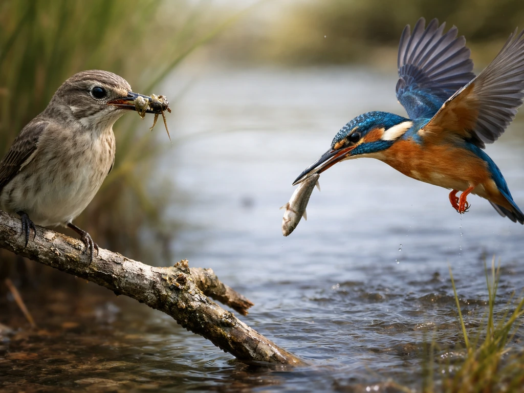 Insect-eating small bird perched with prey, and a kingfisher-like bird over calm water with fish catch.