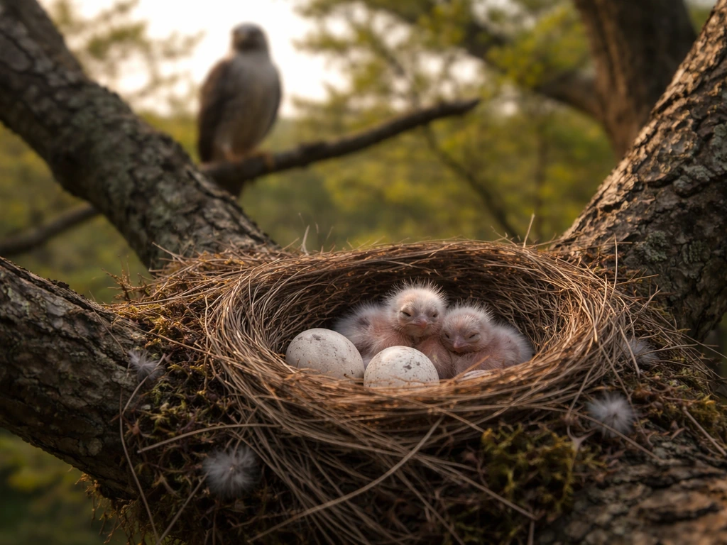 Open bird nest with eggs on a branch, nearby owl in soft focus above, hint of danger