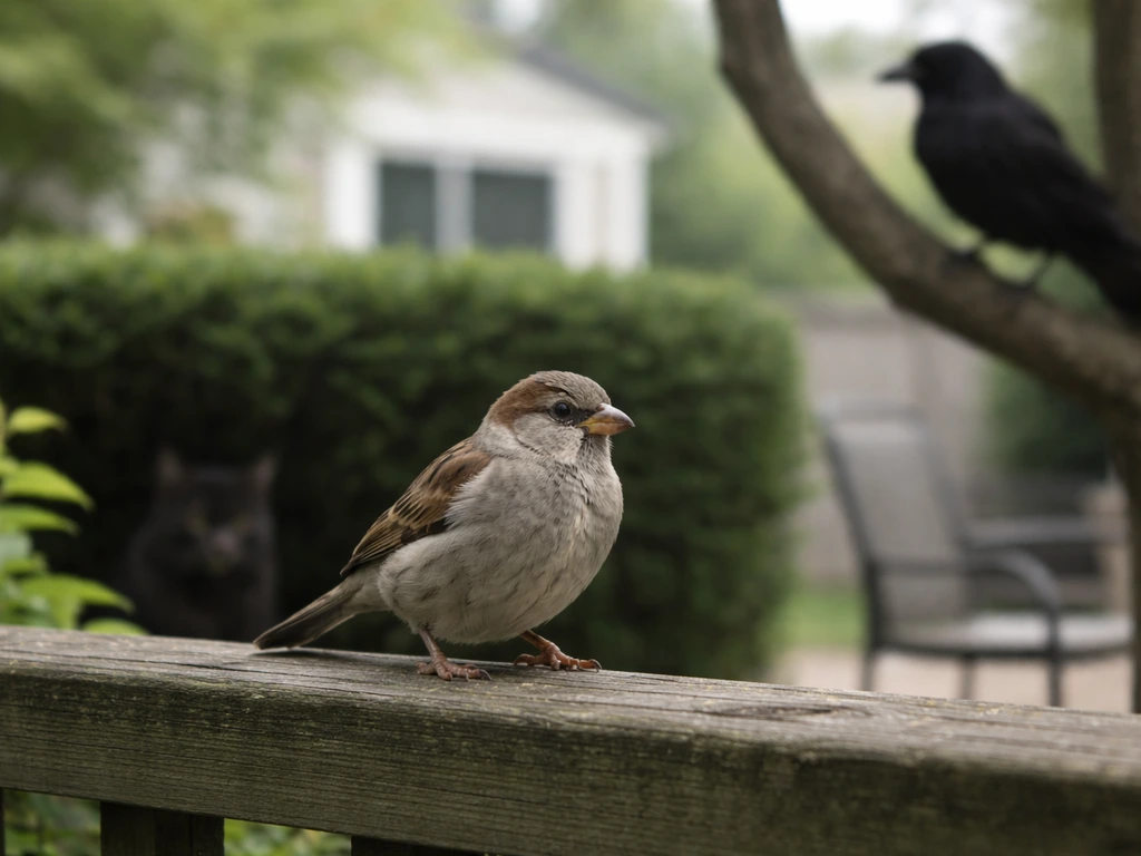 A sparrow on a suburban fence with a nearby cat silhouette and crow in the background.