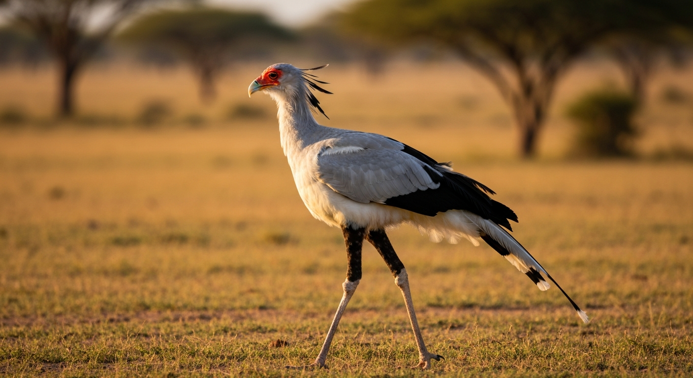 Secretary bird walking across open savanna showing long legs, crest, and upright posture.