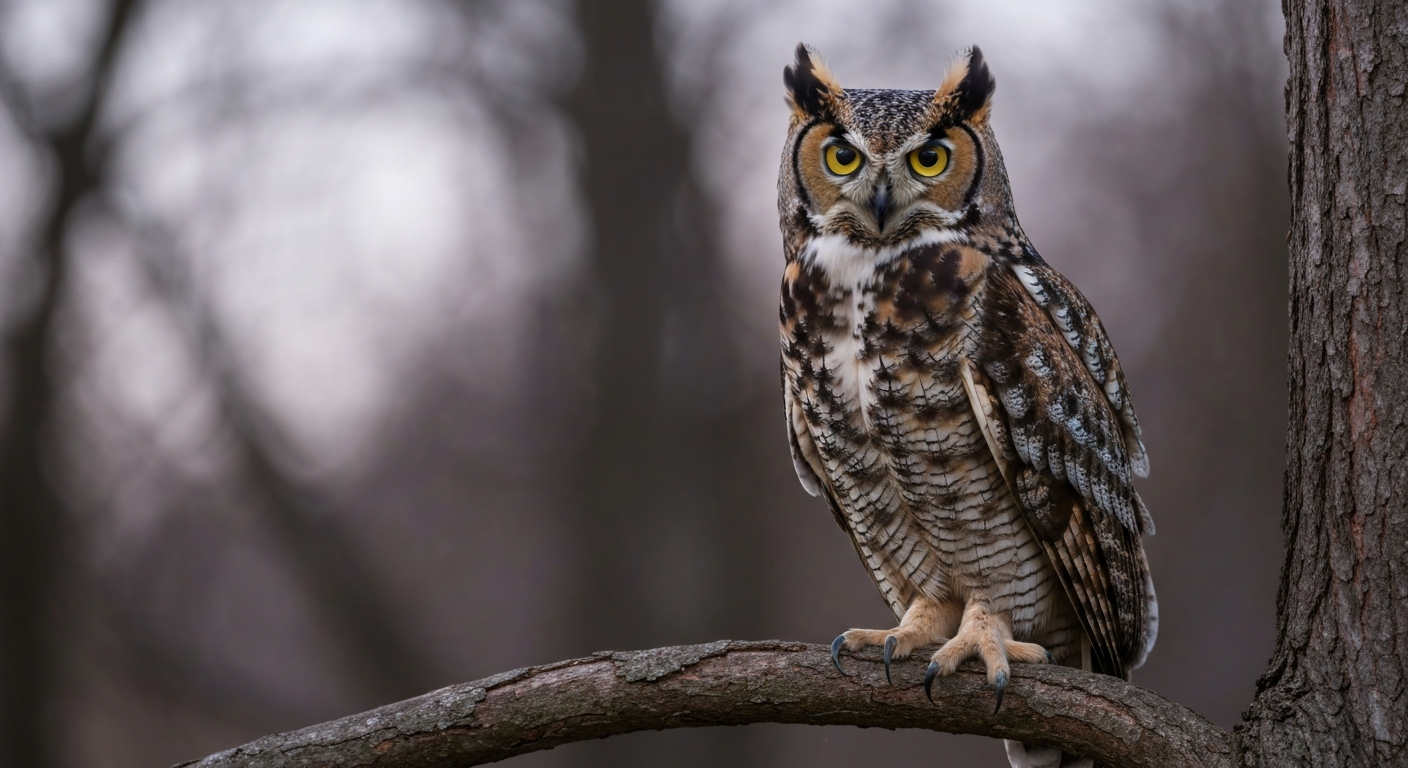 Great Horned Owl perched on a tree branch at twilight, showing facial disc, forward-facing eyes, and talons gripping the branch.