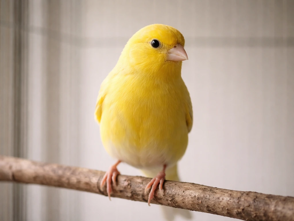 A domestic canary perched on a wooden branch in a softly lit, simple cage.