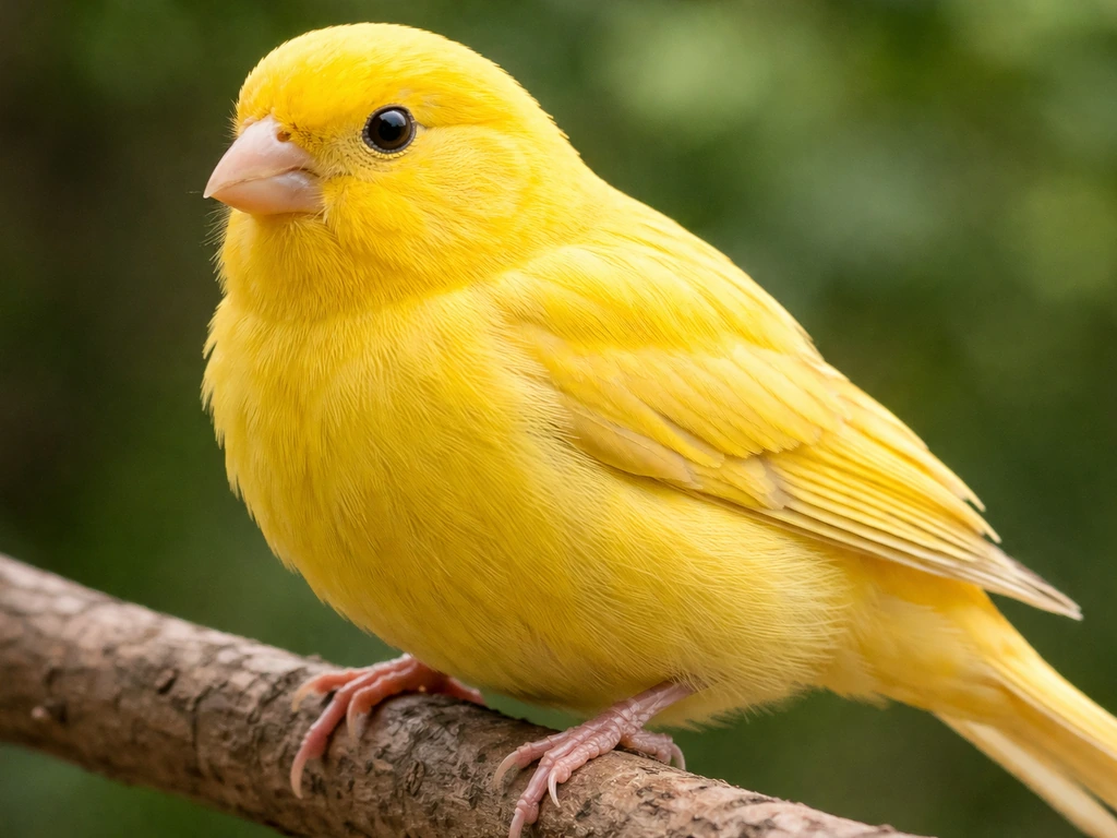 Close-up of a canary perched, showing detailed yellow feathers, beak, and bright eye.