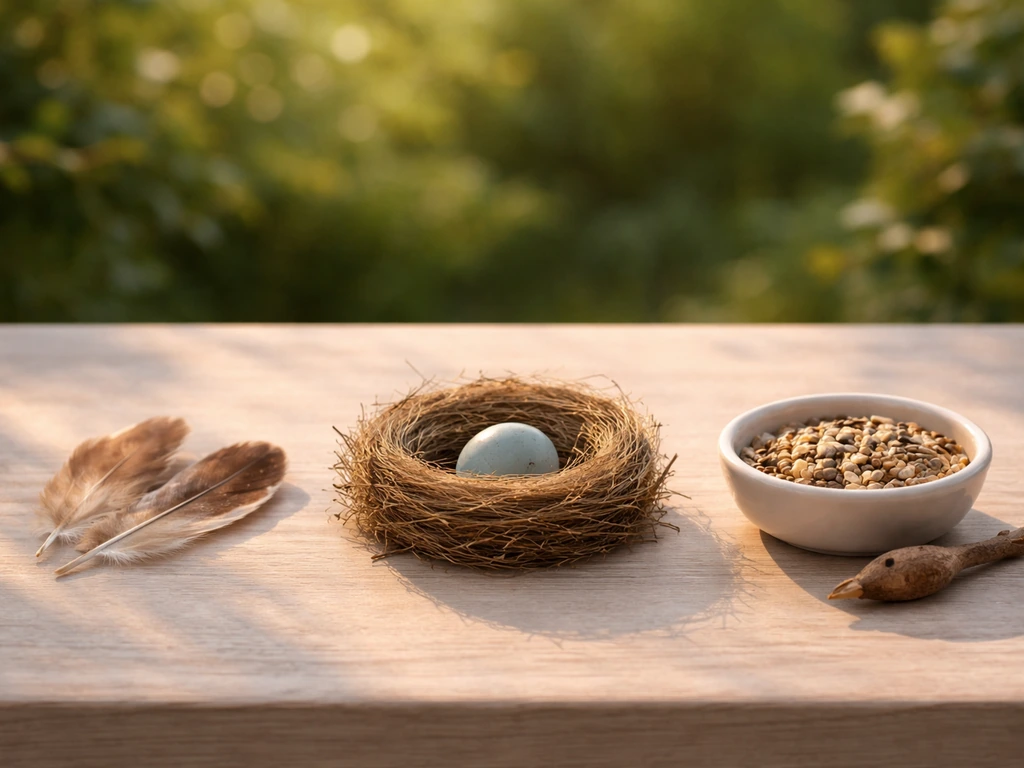 Row of bird-related checklist items: feathers, a nest with an egg, and bird seed on a simple tabletop.