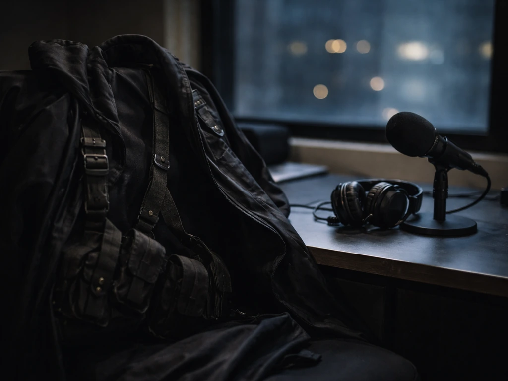 Moody close shot of a dark anime-style cloak laid on a desk beside a microphone, suggesting media analysis.